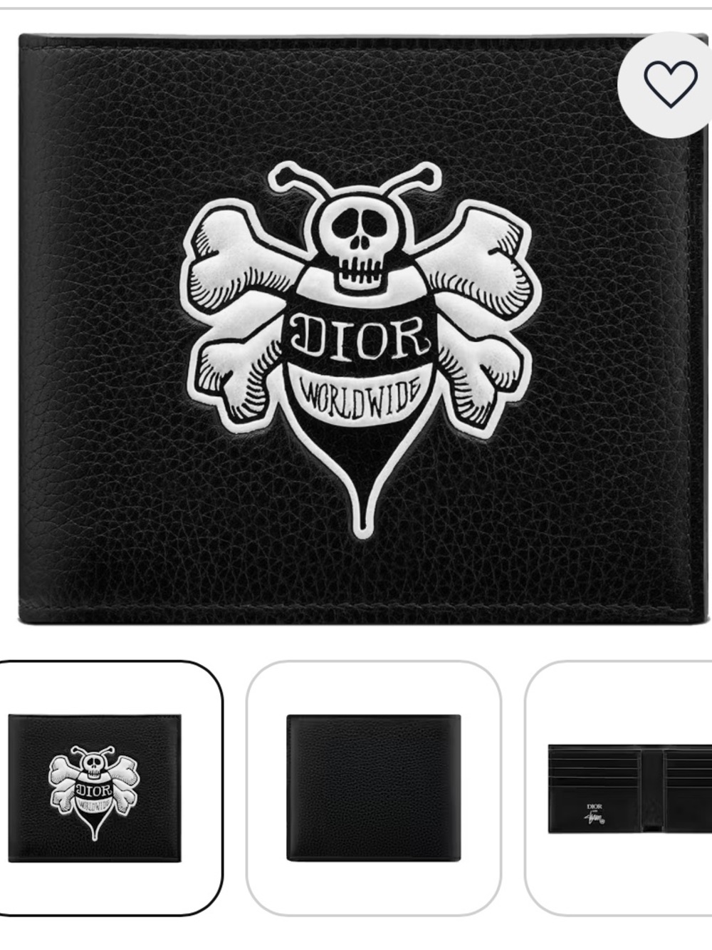 Christian Dior X Shawn Black Pebbled Leather Bee Skull Crossbones bifold wallet